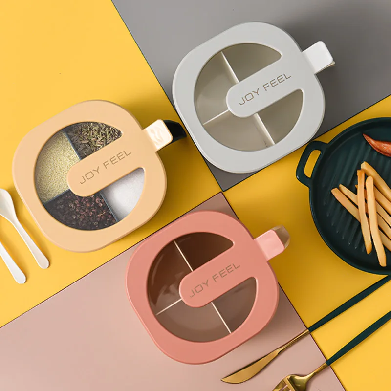 

Seasoning Box Suit Four-Grid Kitchen Supplies MSG and Salt Shaker Household Multi-Grid Storage with Lid Condiment Dispenser