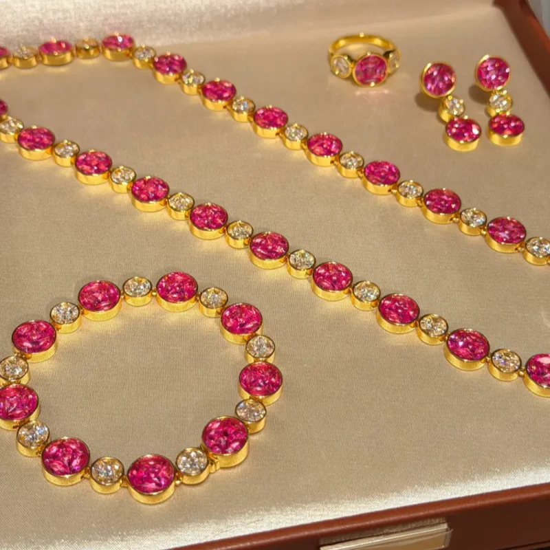 Bellux Round CZ 4Pcs Jewelry Set for Women Ruby Pink Sapphire Blue Zircon Necklace Bracelet Earrings Ring Evening Party Jewelry