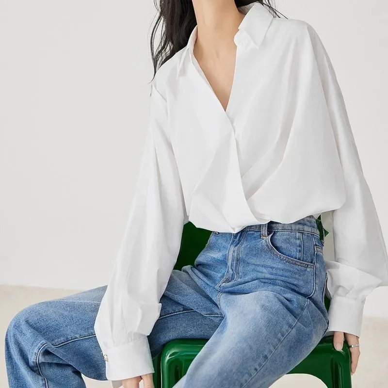 French Women Fashion V Neck Shirt Coat Lady Design Sense Niche Chiffon Blouse Autumn Female High-end Casual Tops Outwear