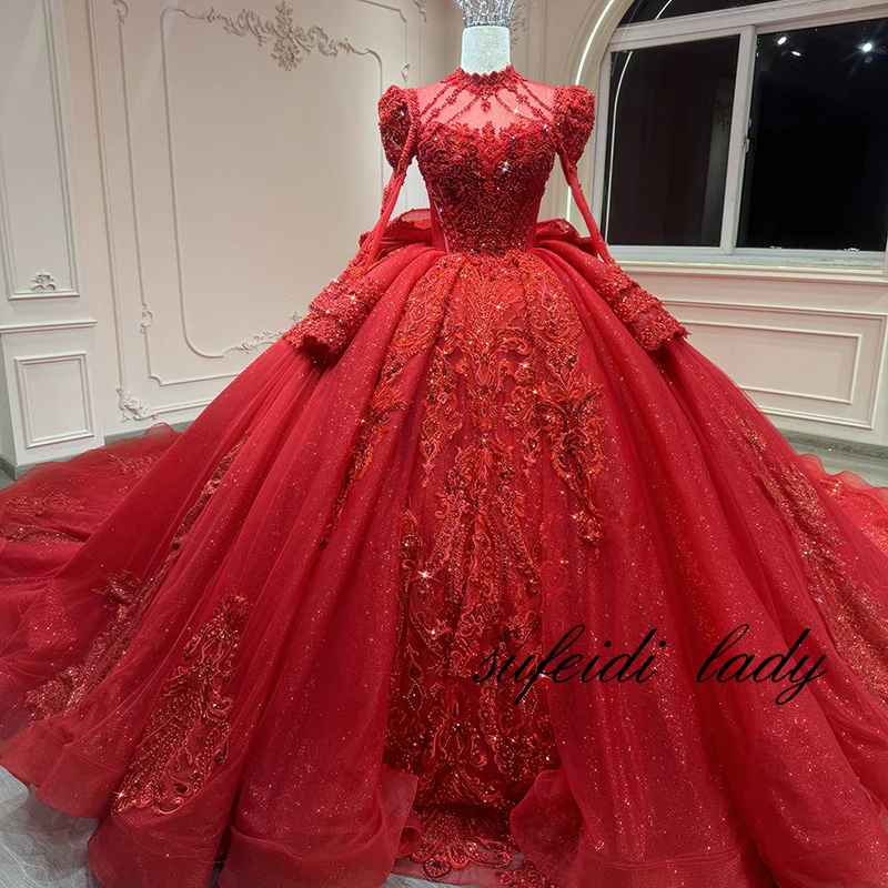 

2025 new red train wedding gown embroidery lace bubble long sleeve waist slimming wedding dress