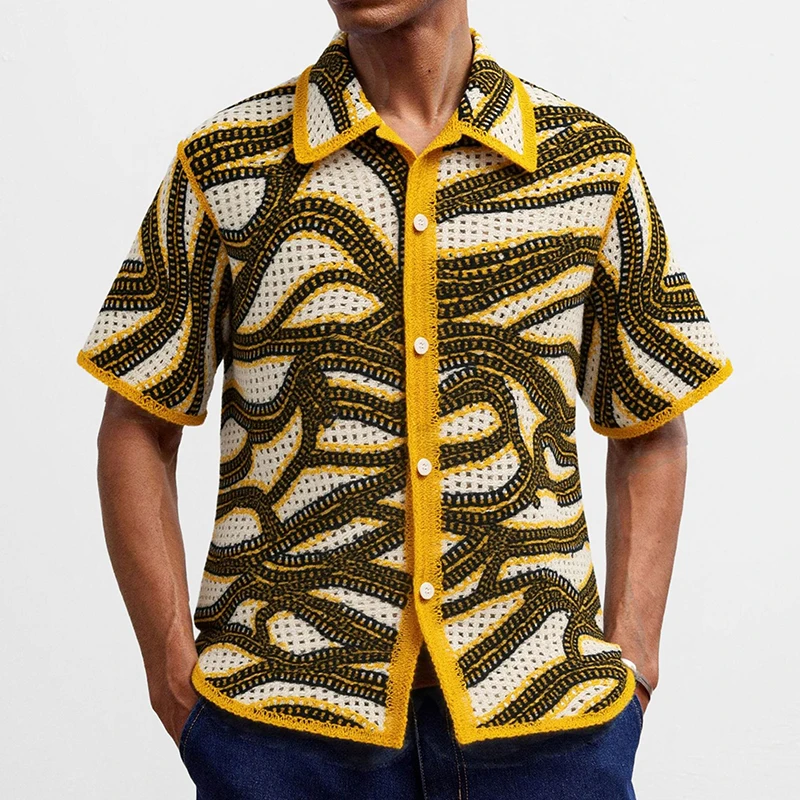 

Стильная полосатая вязаная ажурная рубашка, мужские летние повседневные трикотажные рубашки с короткими рукавами и пуговицами, мужские винтажные рубашки с вышивкой