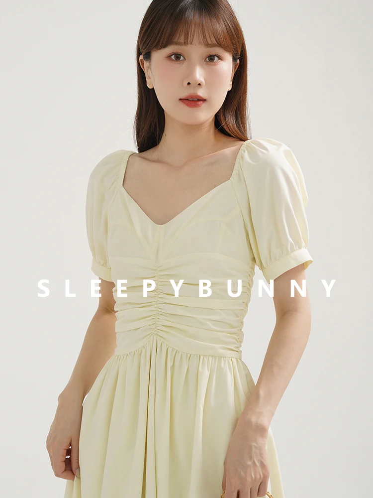 French V-Neck Puff Sleeve Dress Women Summer Slim Fit A-Line Long Dress Elegant Ruched Waist Soft Girl Look Daily Date Vacation