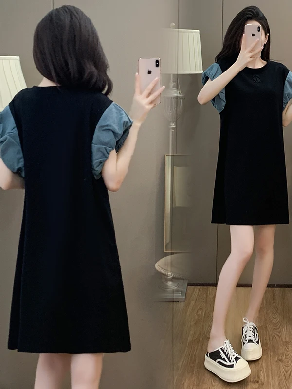 ملابس نسائية صيفية جديدة بسيطة غير رسمية على شكل حرف a ملابس نسائية للتنقل الكورية Sle ort Sve round Ne Dr