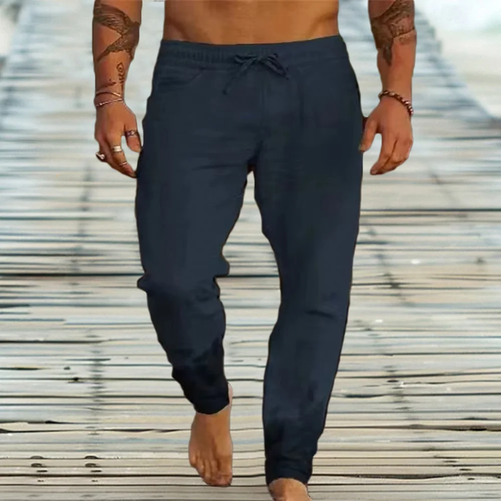 Männer Baumwolle Leinen Casual Jogginghose Strand Hosen Jogger Solide Kordelzug Elastische Taille Hosen Männlichen Urlaub Lose Gerade Hosen – Detail 6