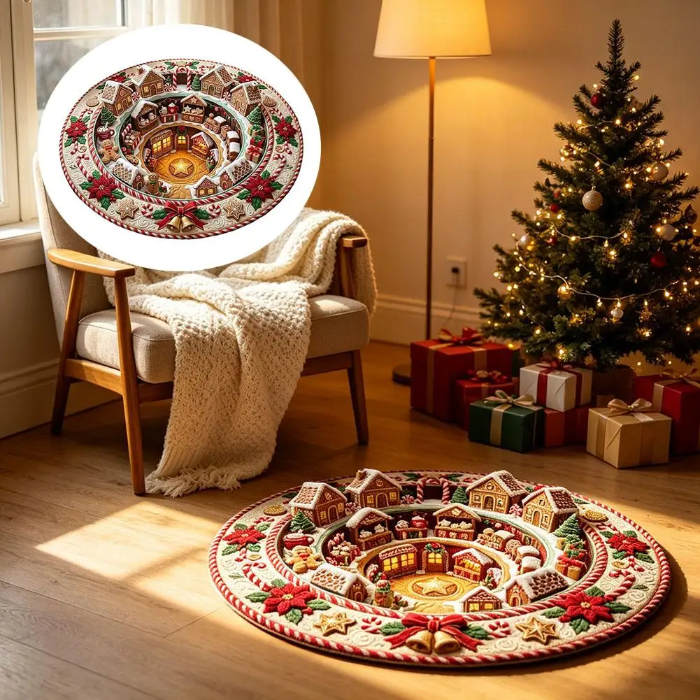 Christmas 3D Illusion Round Floor Rug Gingerbread Village Design Wear-resistant Non‑Slip Mat for Living Room Holiday Decoration
