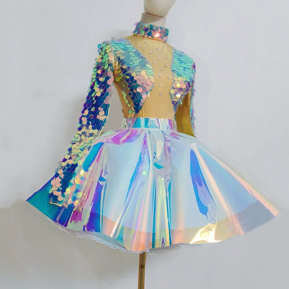 

Bar Nightclub Party Stage Wear Sequins Bodysuit Laser Skirt Dance Outfit Women Dancer Team Sexy Gogo Show Performance Costume