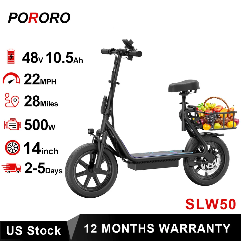 

PORORO 14inch Electric Bicycle 10.5AH Battery 28Miles Max Range 22MPH Max Speed Shock Absorption Foldable E Scooter with Seat