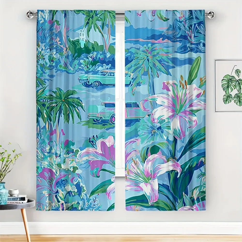 2pcs Tropical Retro Curtain No Rod Pink Lilies, Palm Trees & Vintage Cars on Azure Background, Bold Print for Coastal Home Decor
