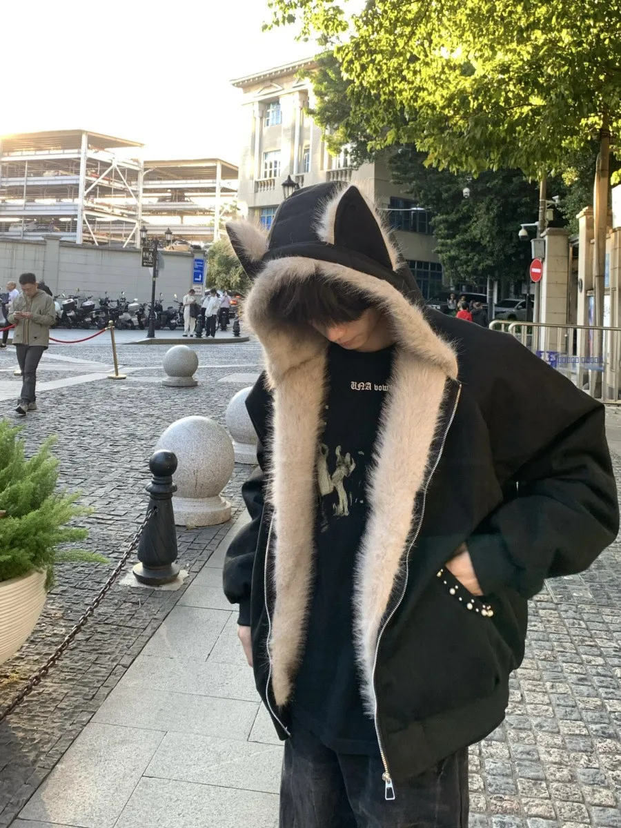 

Retro American Pearl Embroidery Ear Cotton Jaet Zipper Open Cardigan Warmth Breathable Casual Outerwear for Teens