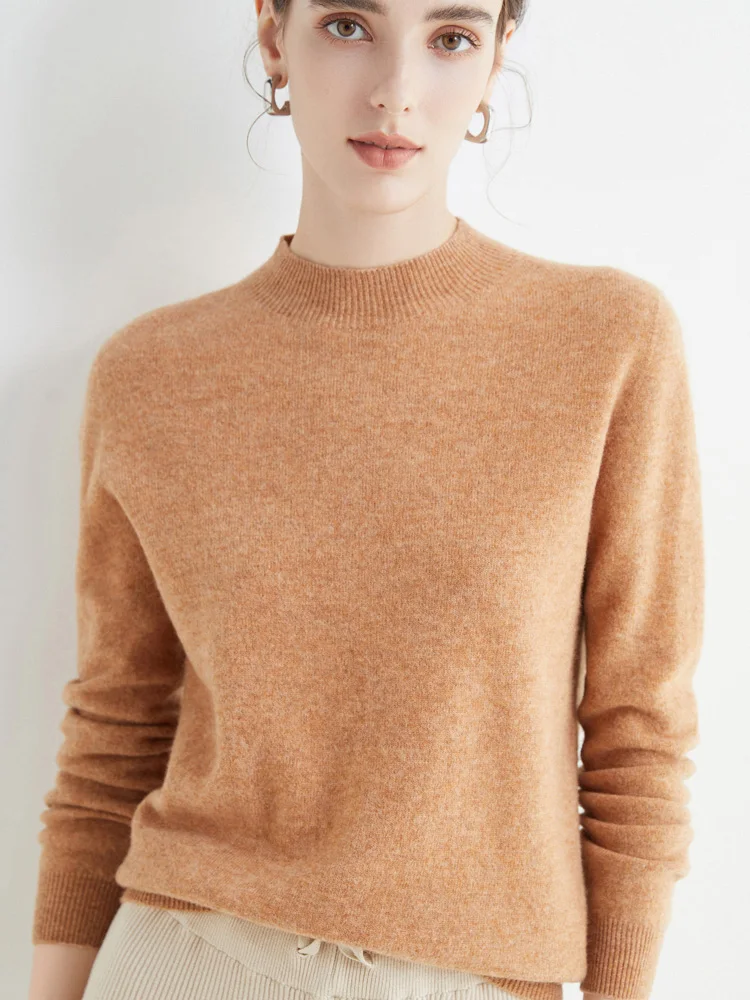 Women\'s Sweaters Pullovers 100% Merino Wool Knitwear Mock Neck Basic Casual Cashmere Autumn Winter Comfortable Clothing Tops New