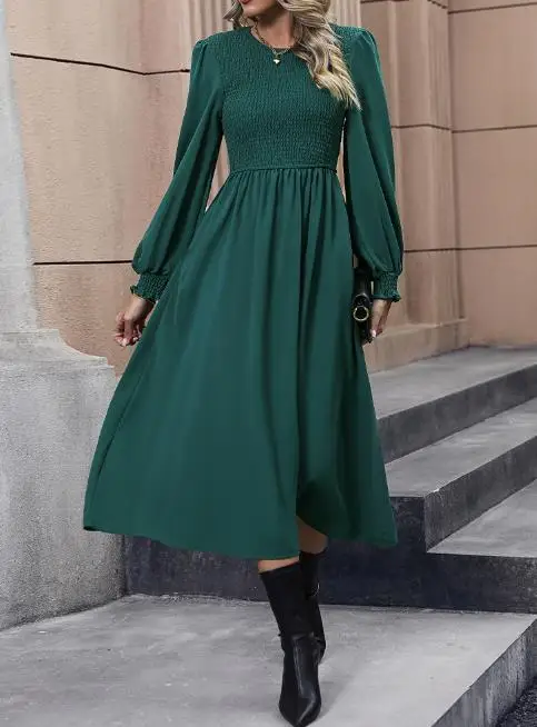 فستان نسائي لخريف وشتاء 2025 موضة جديدة غير رسمية بلون سادة ورقبة دائرية وأكمام طويلة ملابس نسائية #5