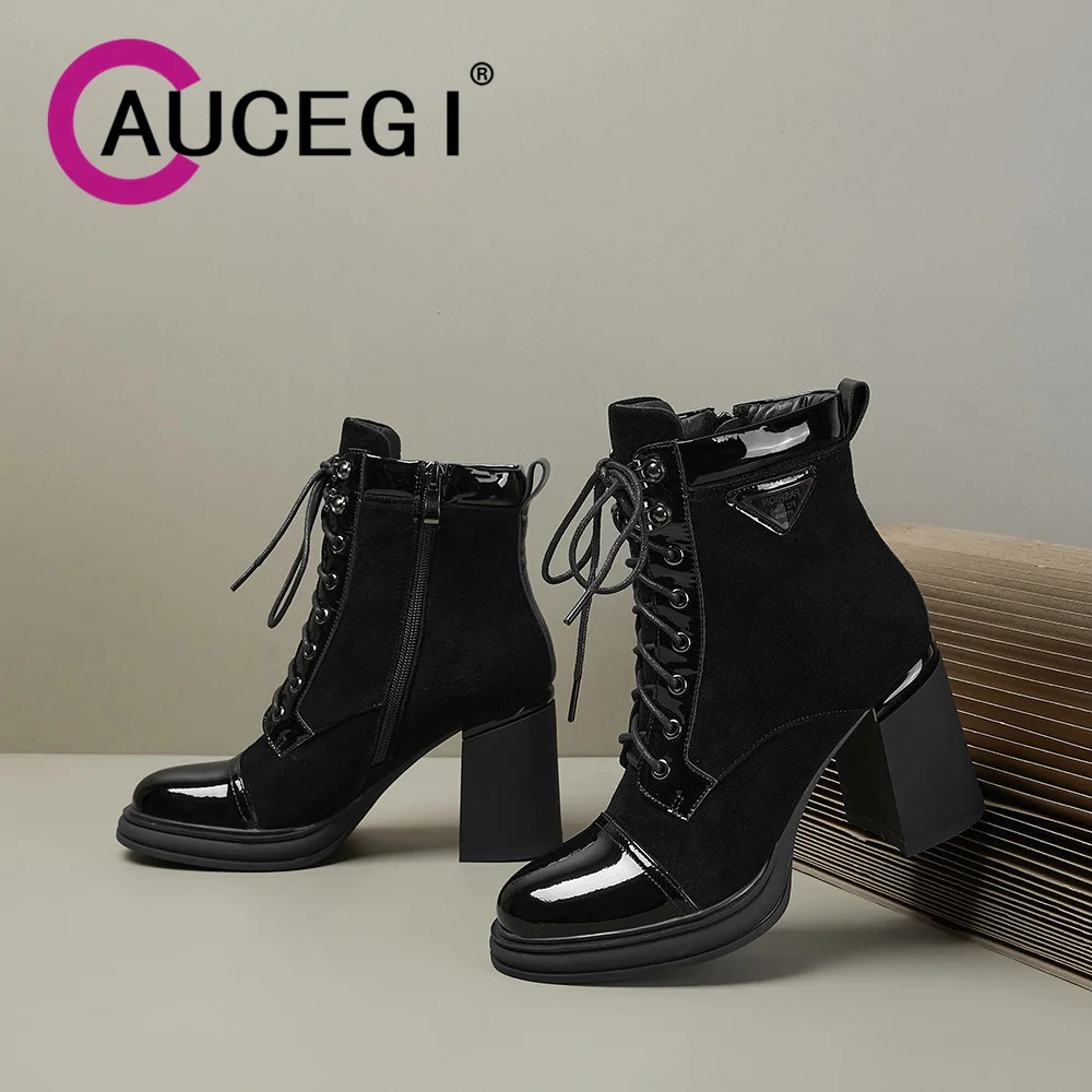 Aucegi New Brand Women\'s Thick High Heels Ankle Boots Round Toe Retro Side Zipper Versatile Casual Lace Up Quality Leather Shoes