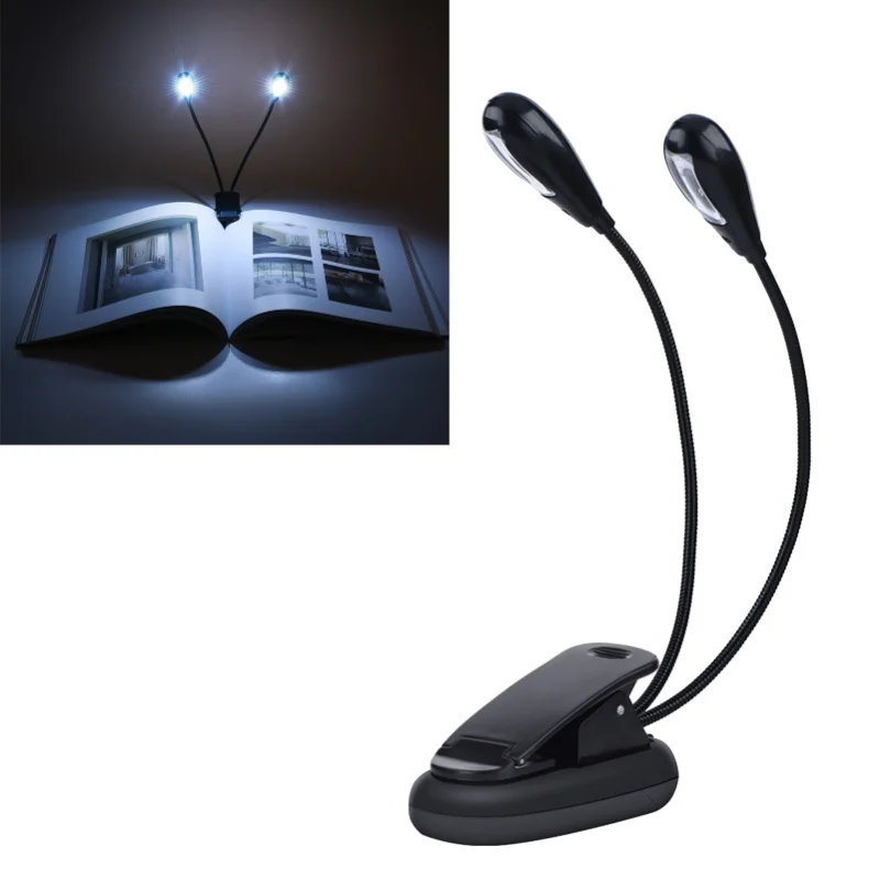 Clip On Music Stand Book Reading Mini Double Adjustable Arms Light LED Lamp