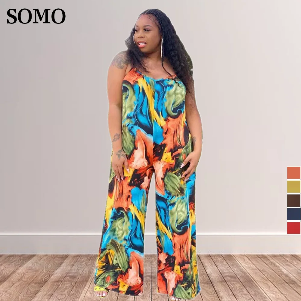 Summer Plus Size Jumpsuit Women 2022 Fashion Printed Loose Romper Sexy Halter Long Pants Playsuits Wholesale Dropshipping