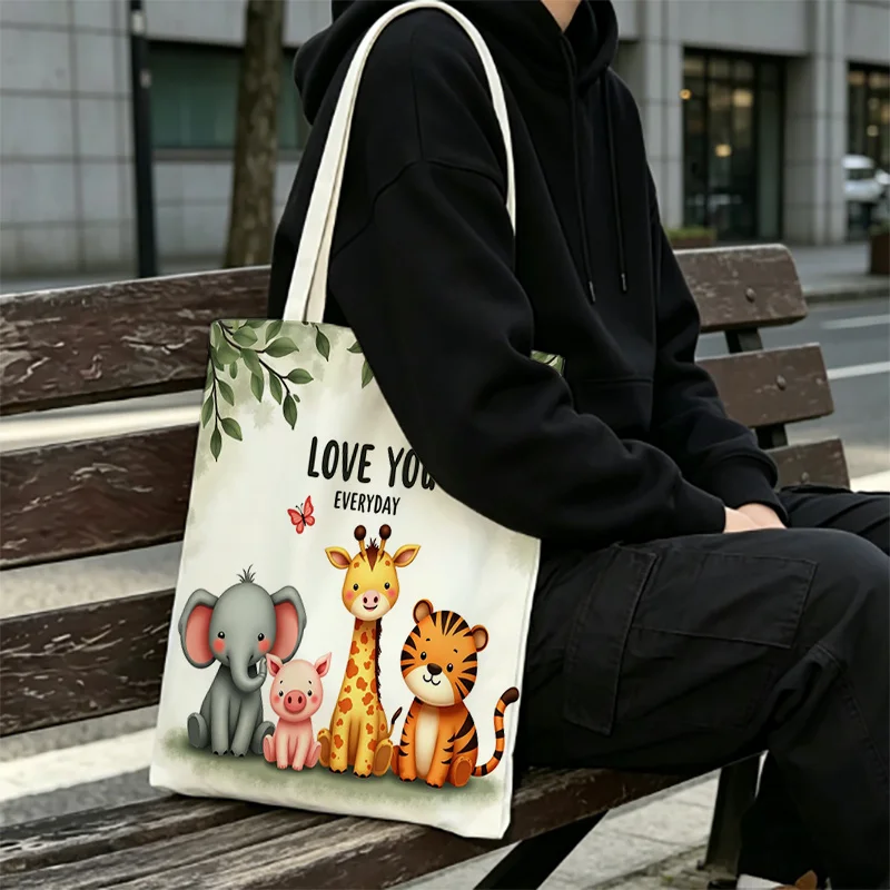 Tote Bag Love You Everyday Botanical Leaf Prints and Woodland Animal Patterns Large Capacity Handbag Versatile Shoulder Bag