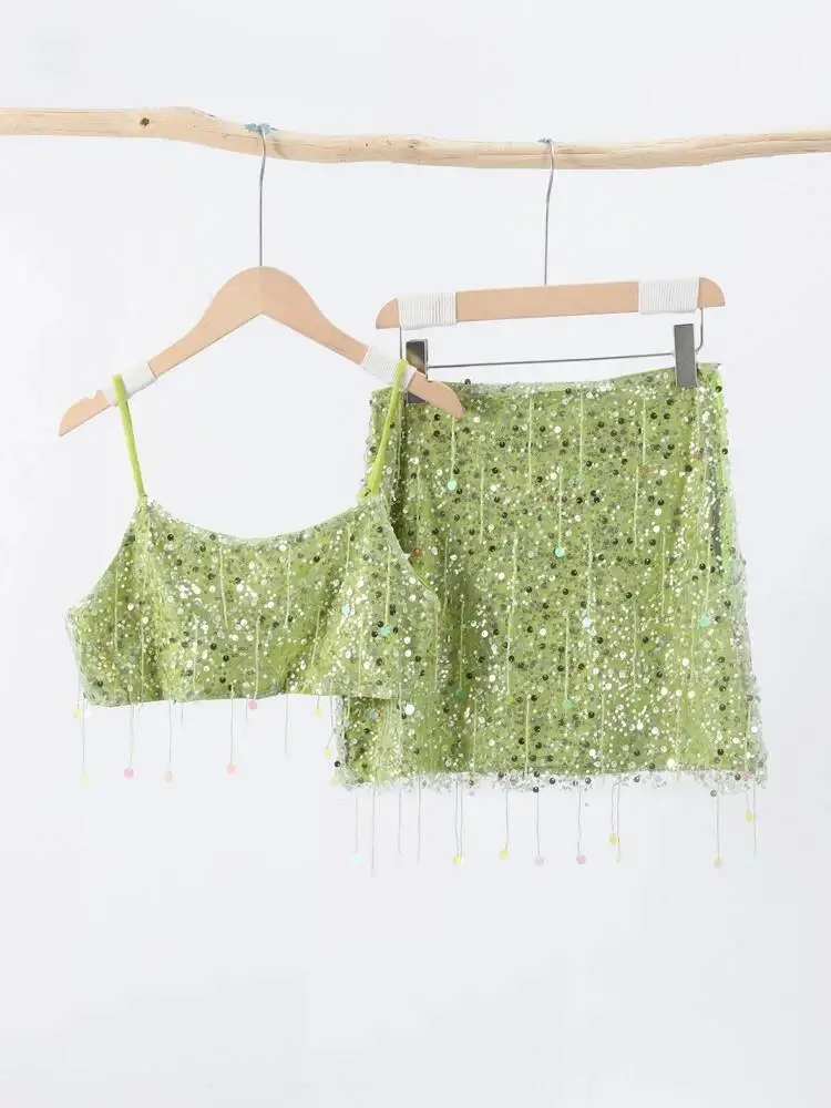 

Сексуальный пляжный комплект с кисточками и блестками, женский бикини без рукавов с открытой спиной и бретельками, тонкая мини-юбка с низкой талией, костюм 2025, летние женские рубашки, комплекты