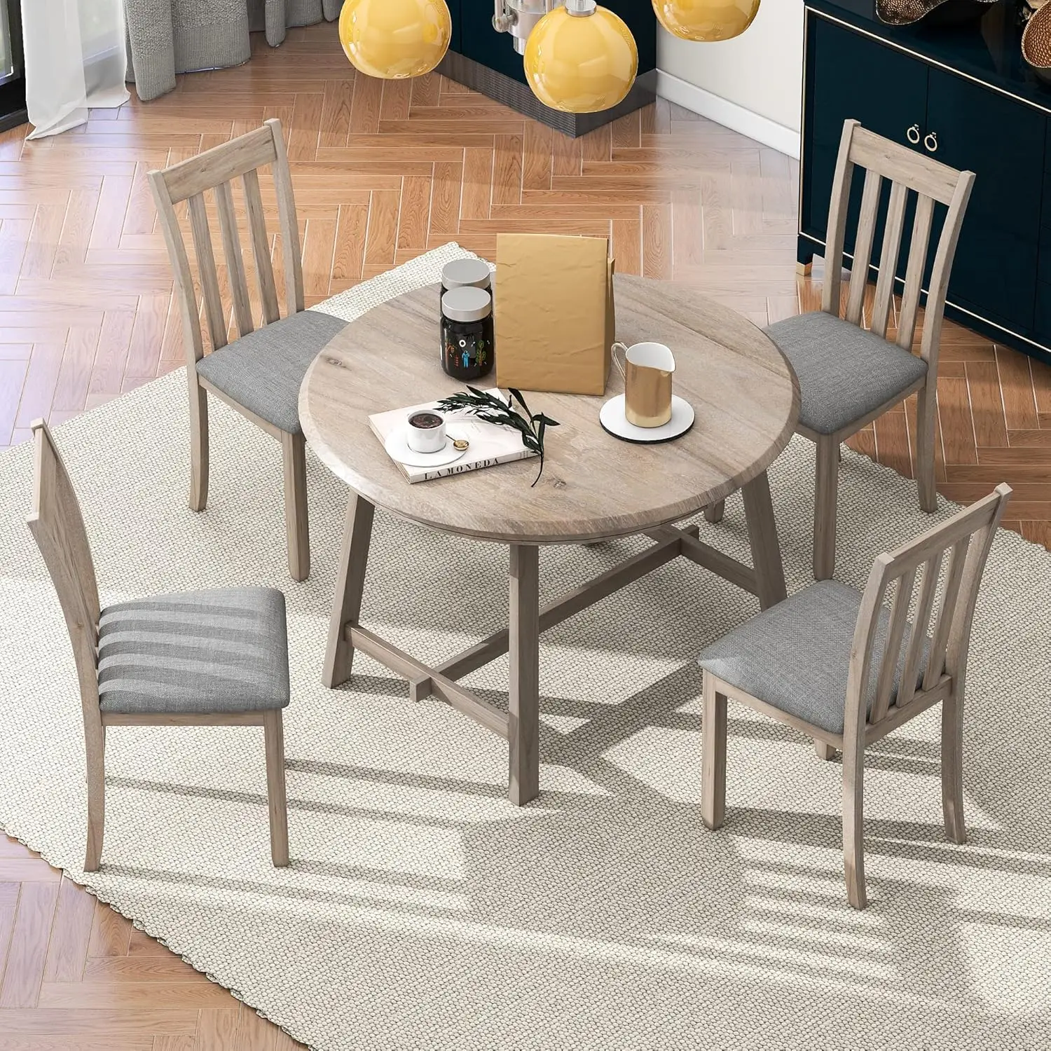 5-Piece Round Extendable Dining Table Set With 4 Upholstered Chairs For Kitchen Dinette Room, Natural Wood Wash