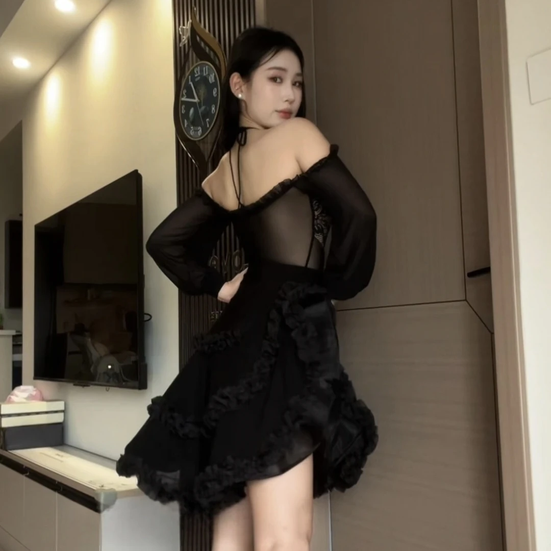 Costumes de danse latine en dentelle noire pour femmes, hauts à épaules dénudées, jupe à volants, vêtements de danse Chacha Rumba, robe de compétition de spectacle