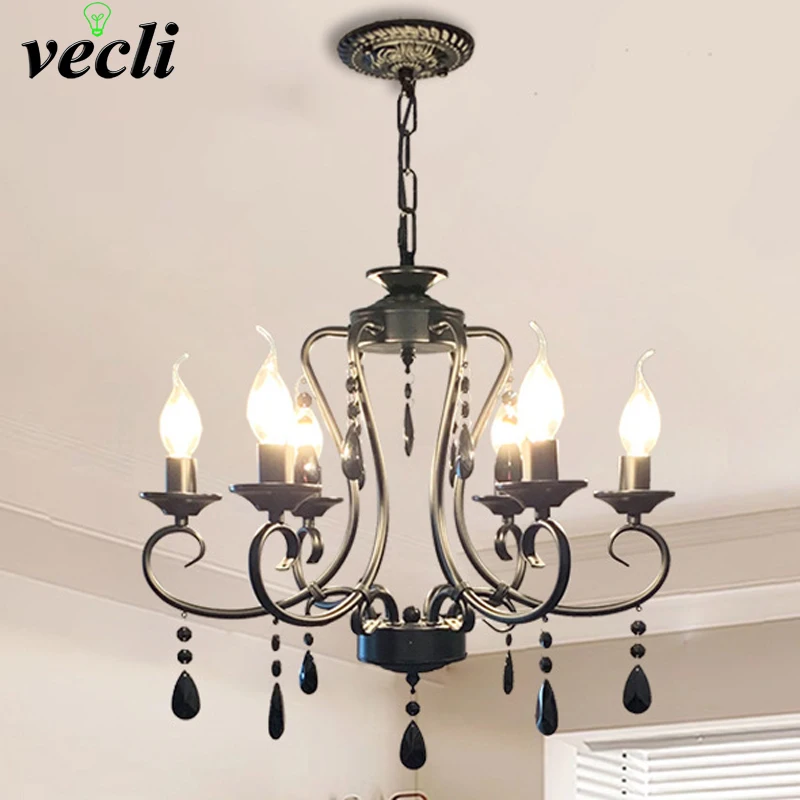 

Французская ретро-люстра в американском стиле, железная, черная, с кристаллами, для гостиной, столовой, спальни, простой пасторальный светильник