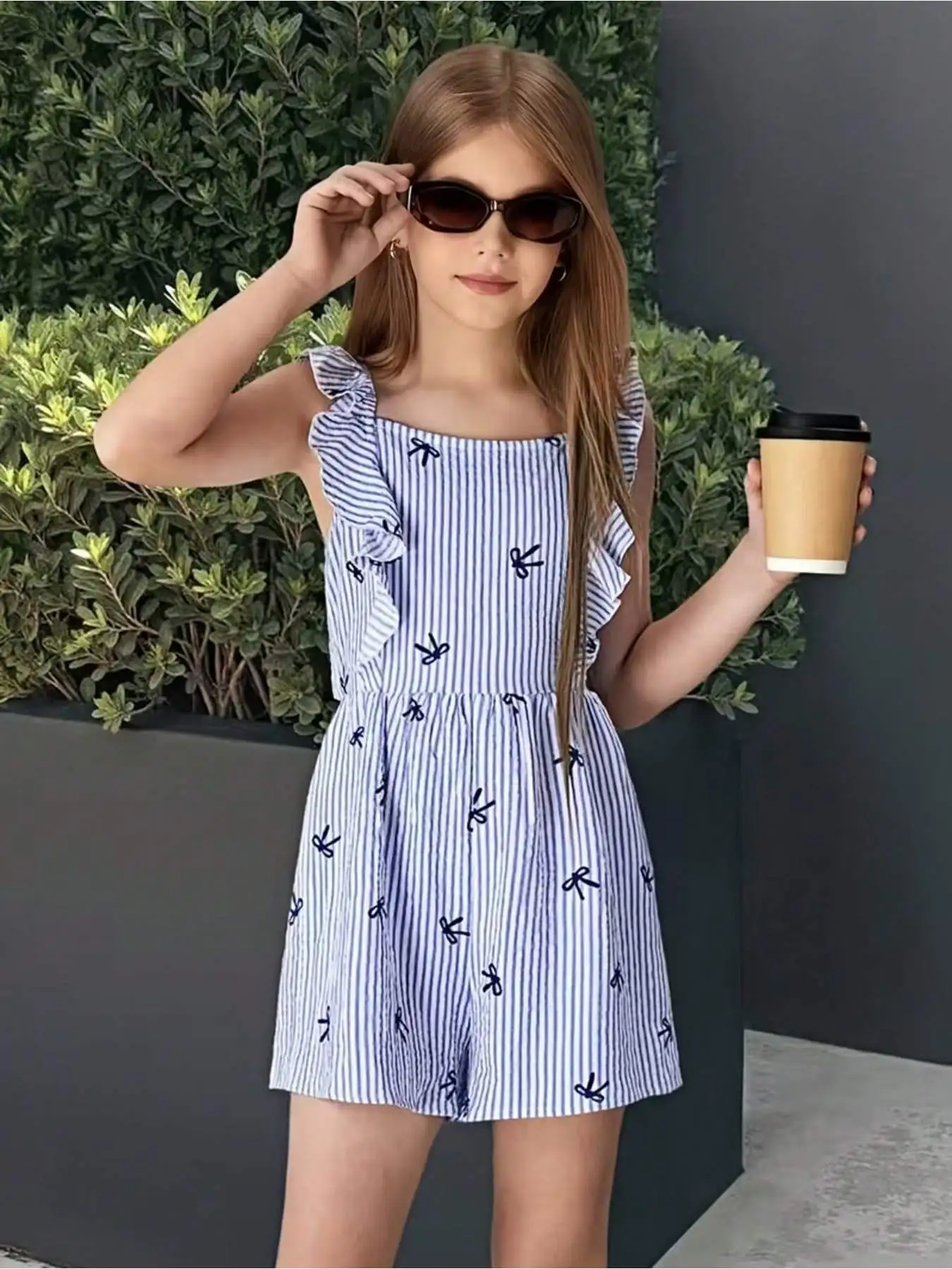 Children's Sleeveless Bow Printed Jumpsuit with Ruffle Edge Suspender Casual Elegant Casual And Elegant Ruffle Edge