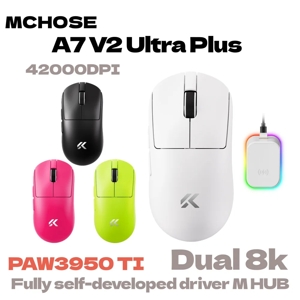 MCHOSE A7 V2 Ultra Plus Lightweight Wireless Gaming Mouse Dual 8000Hz Polling Rate PAW3950 TI Esports Office Mouse for Logitech