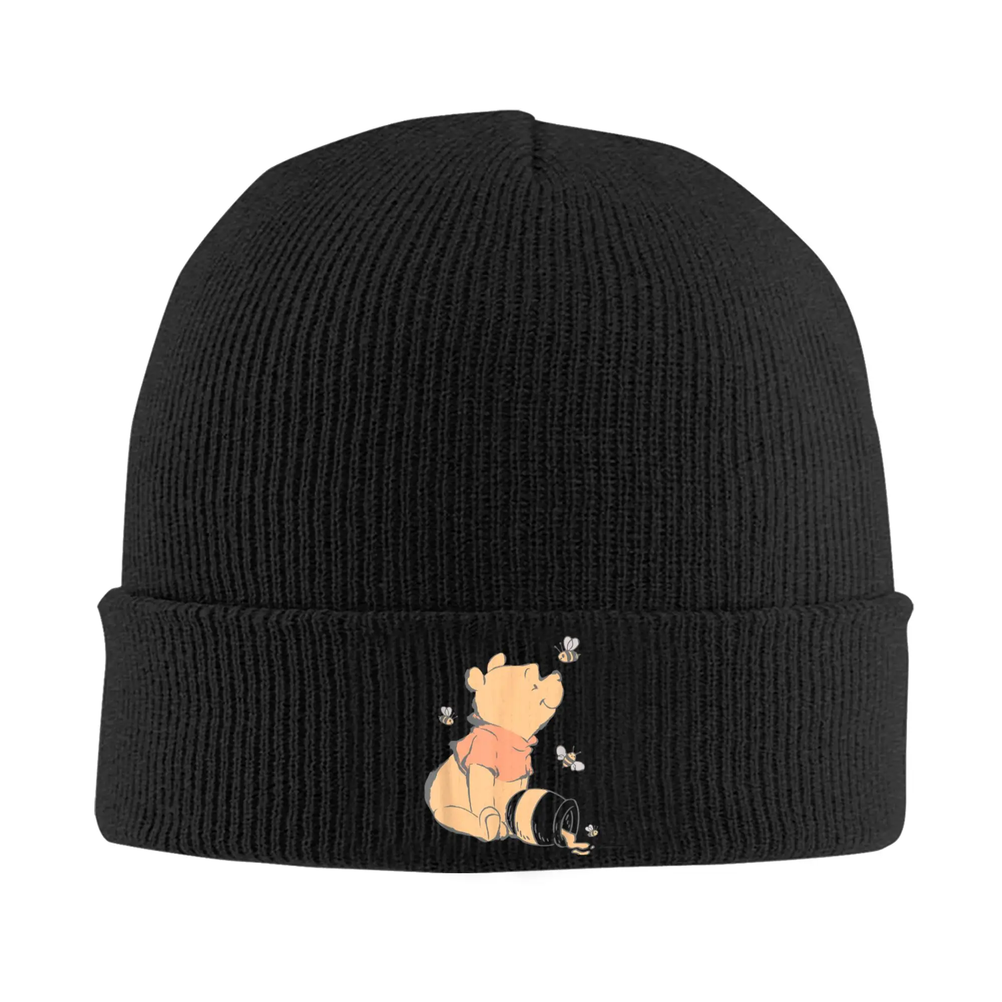 Winnie The Pooh Honey with Bees Beanie Hüte Strickmütze Damen Herren Mode Elastische Kappen Herbst Hippie Muster Motorhaube Hüte