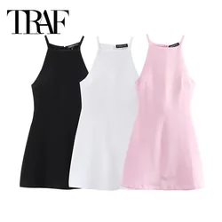 TRAF Pink Halter Mini Dress Woman Black White Short Dresses For Women Off Shoulder Sleeveless Summer Casual Holiday Dresses