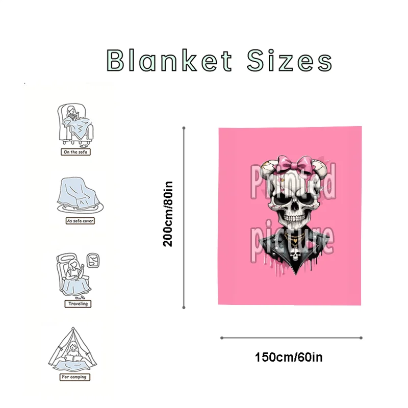 Cute Skull Bow Kawaii Gothic Aesthetic Throw Blanket for Alternative Grunge Halloween Decor150x200cm