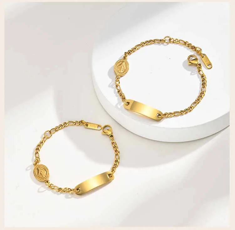 Personalisiertes Namens-ID-Armband für Frauen und Kinder, Jungfrau-Maria-Anhänger, vergoldeter Edelstahl, wasserdichtes religiöses Geschenk – Detail 5