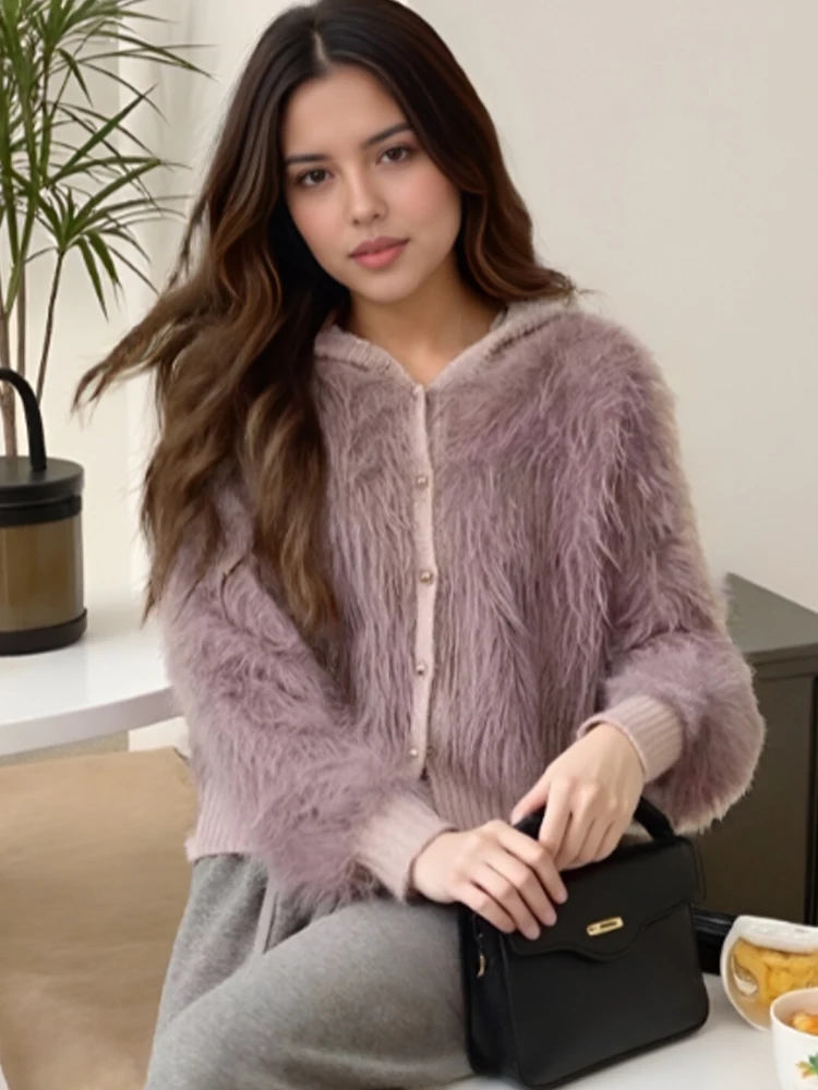 

Fashion Autumn Sweet Lantern Sleeve Fuzzy Sweater Winter Vintage Hooded Long Sleeve Casual Cardigan Knitted Top Elegant Knitwear