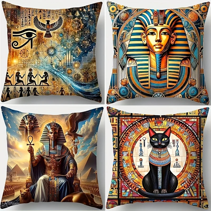 Boho Egyptian Pharaoh Mythology Printed Throw Pillow Cover Set Four Piece Boho Style Cushion Decorative Decor Home