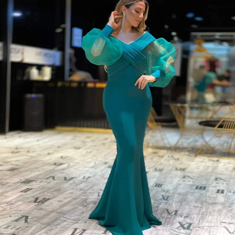 Laxsesu Charming Solid Mermaid Evening Dressed V-Neck Long Sleeve Saudi Arabian Sweep Train Women Custom Size Party Dress