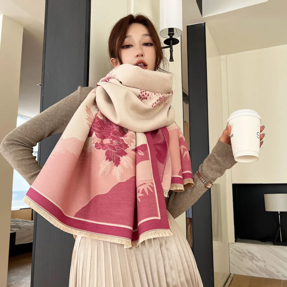 

New Chinese Style Landscape Flower Scarf, Autumn And Winter High-end Feel, Imitation Cashmere Women's Versatile Thick Female