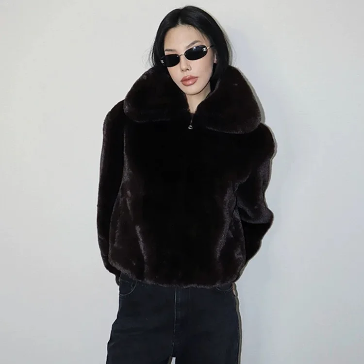 Black Winter Women Artificial Fur Jacket Stand Collar Zipper Eco Fur Coat For Lady Coat Thickened Thermal Female Fluffy Fur Coat