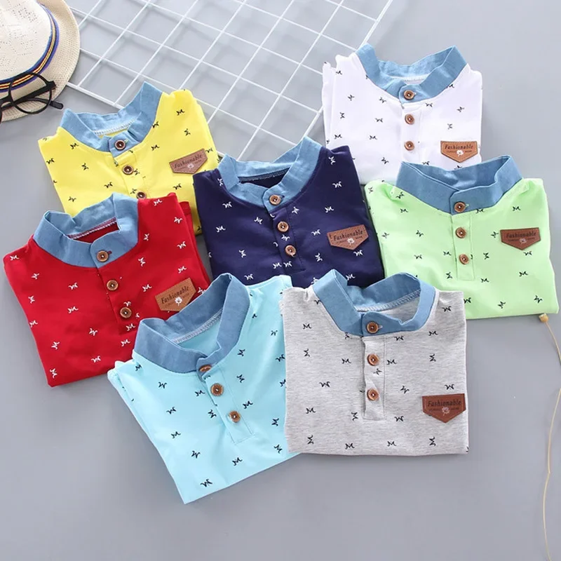 2024 Summer New Children Boys Shirts Letter Print Short Sleeve School Cotton Lapel Tops O-Neck Kids Todder Tee Shirt