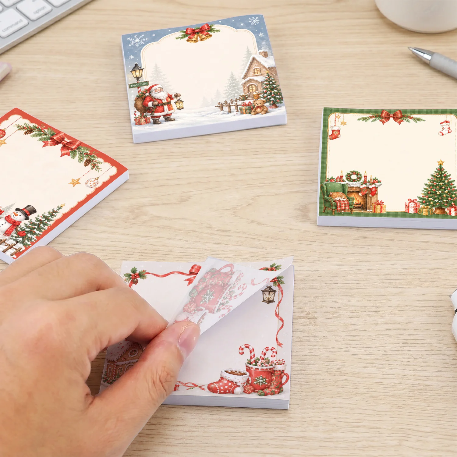 4Pcs Christmas Sticky Notes Square Memo Pads Snowman Santa Snowy Cottage Tree Designs Journaling Planner Reminders Holiday Gifts