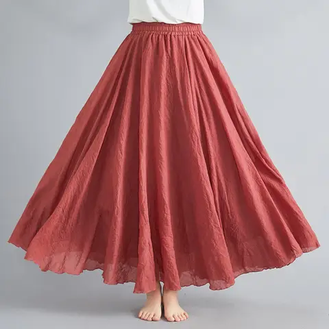 고품질 코튼 린넨 맥시 스커트 여성 캐주얼 탄성 하이 웨이스트 플리츠 a 라인 비치 스커트 Boho Saia Feminina Faldas Jupe