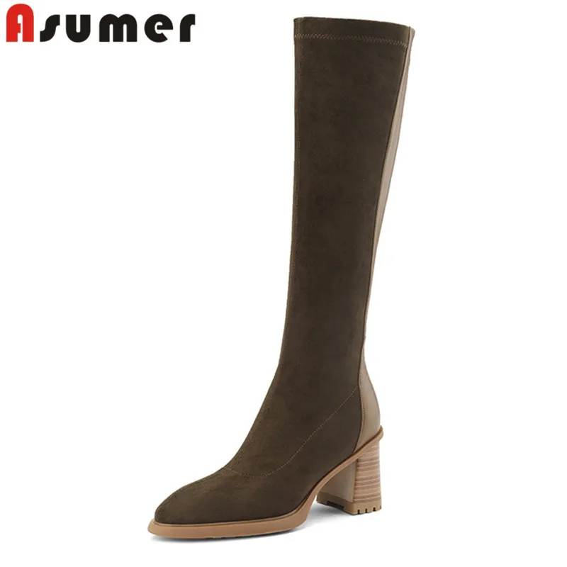 

ASUMER 2024 New Flock Zipper Women Boots AutumnWinter Ladies Knee High Boots Mixed Colors Thick High Heels Shoes