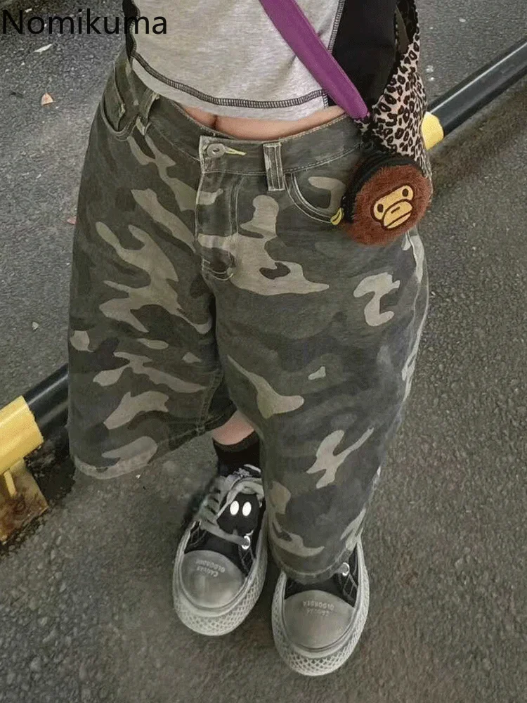 

Streetwear Camouflage Denim Shorts Women Clothing Fashion Summer Wide Leg Pants Casual Fashion Jeans Trousers Pantalon Femme