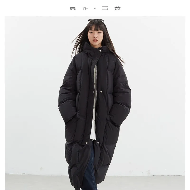 سترة نسائية متوسطة الطول من أوزة ~ معطف دافئ سميك لخريف وشتاء 2025 بلوزة جديدة بقلنسوة