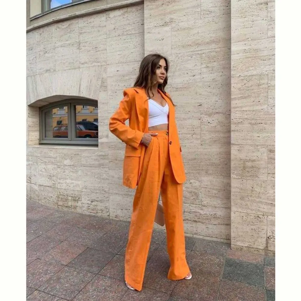 Fashion Chic Orange Single Breasted Notch Lapel Two Piece Jacket Pants Odzież damska Luźny elegancki zestaw marynarki damskiej do biura