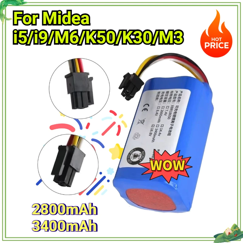 14.4V 2800mAh/3500mAh Rechargeable Battery for Midea Robot Vacuum Cleaner I5/i5 EXTRA.i5 YOUNG.i9 EYE.K50.K30.M3.M6