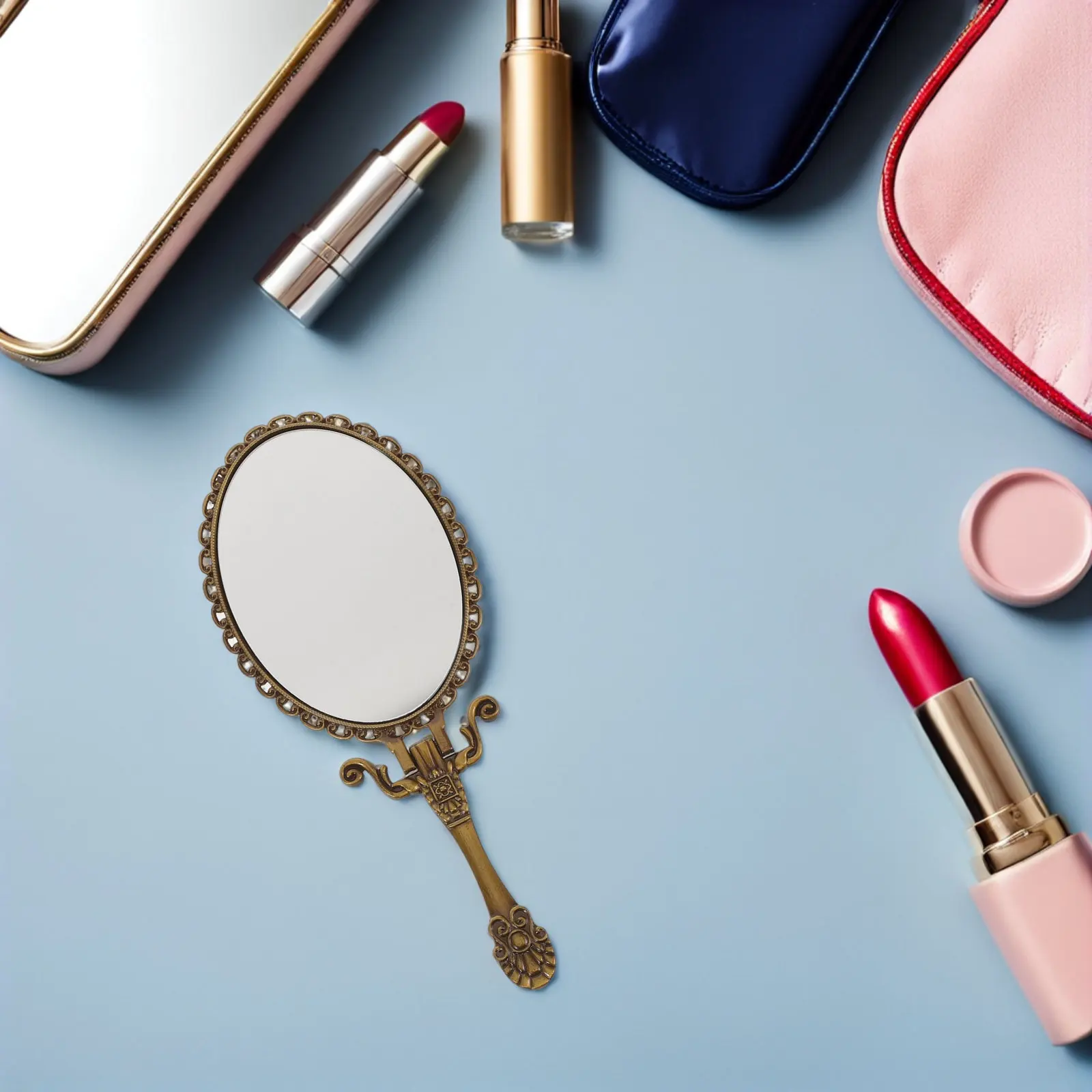 2Pcs Vintage Foldable Hand Held Mirrors Handle Portable Compact Retro Makeup Vanity Travel Mirror Clear Reflection