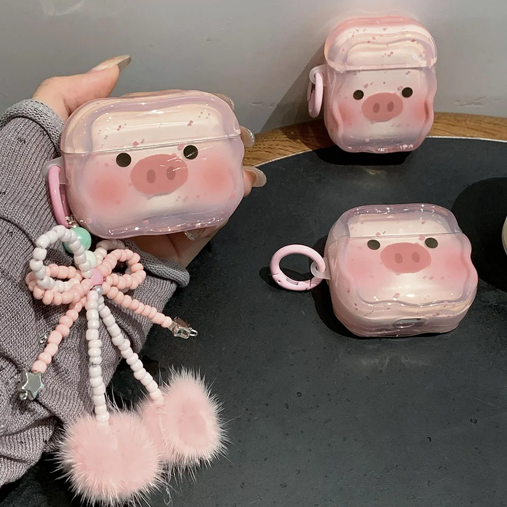 

INS Cute Pink Pig Earphone Case For Airpods Pro 2 Soft Wave Cover For Air pods 1 2 3 4 Bowknot Beaded Plush Pendant Keychain