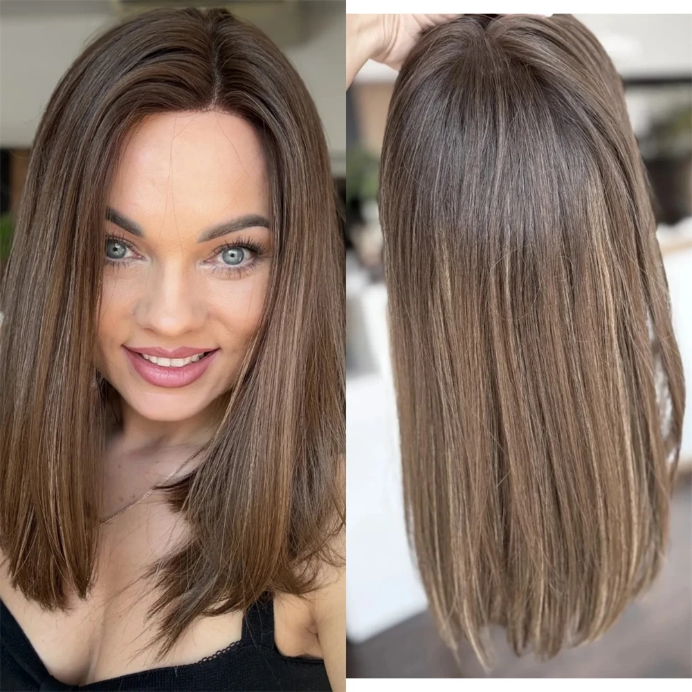 Soft Medium Brown with Hillights Color Ombre Synthetic Lace Front Wig Top Swiss HD Lace Wig for White Black Women Gleless Wig
