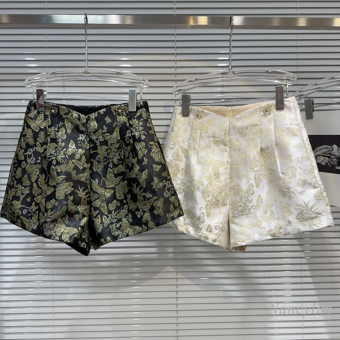 2024 Summer New Classic Style Golden Butterfly Embroidered Jacquard Satin Temperament Shorts Casual Shorts for Women