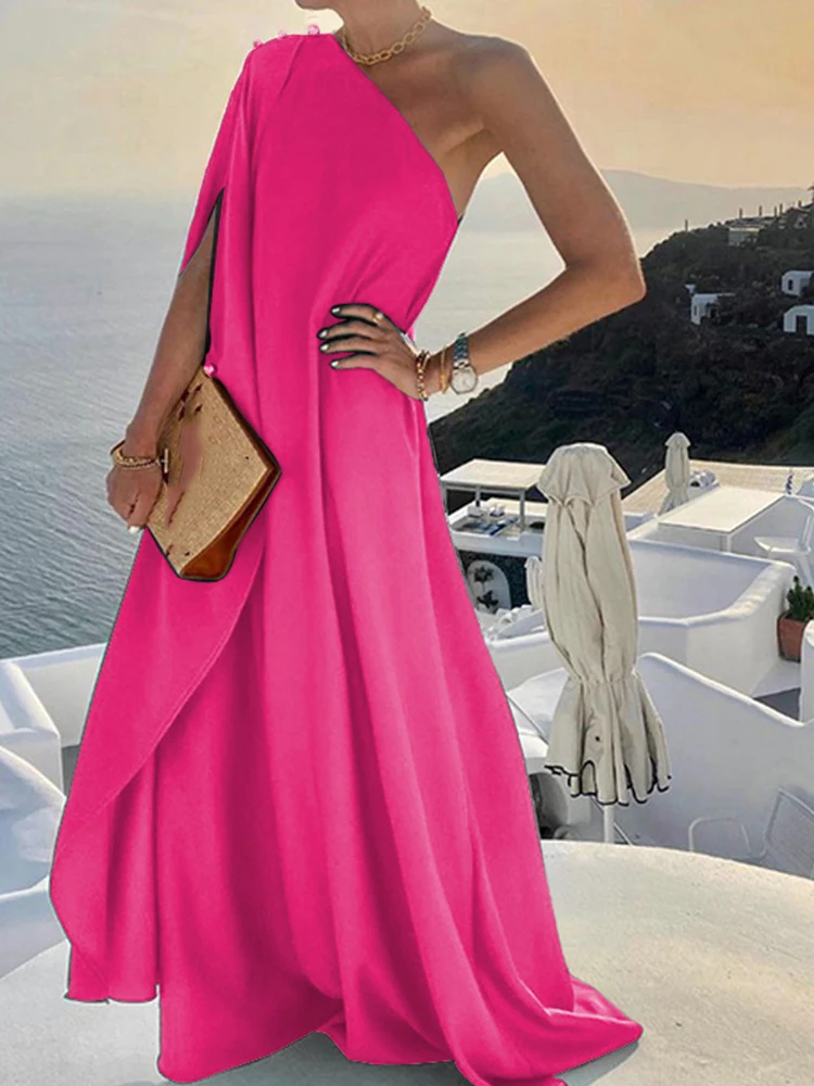 Women Sexy Off Shoulder Boho Long Dress Elegant One Shoulder Loose Party Dress 2022 Summer Fashion Button Solid Beach Maxi Dress