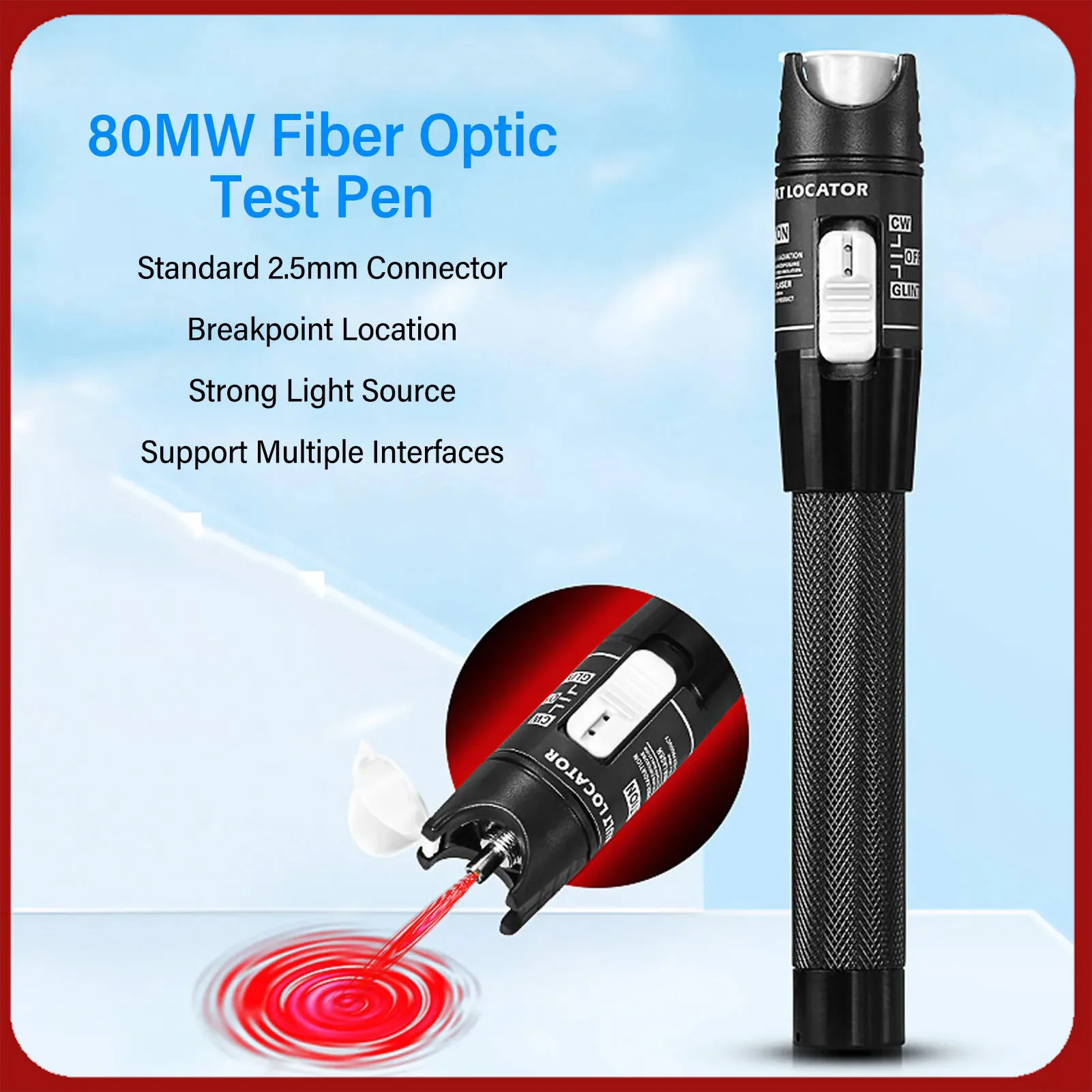 

80 МВт волоконно-оптическая тестовая ручка 80 км видимый детектор неисправностей бесконтактный портативный тестер оптоволокна 2,5 мм универсальный разъем