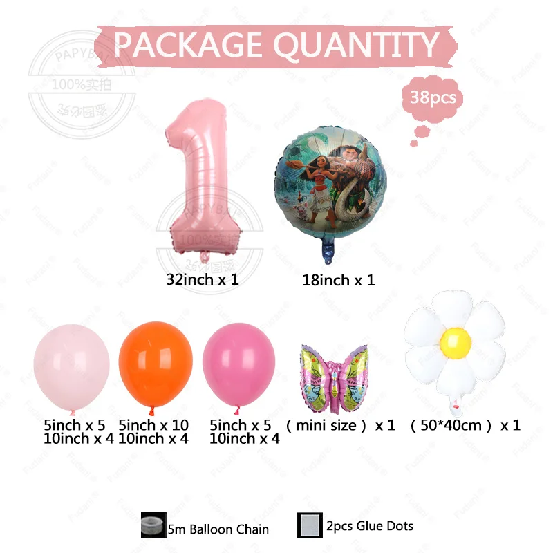 38PCS Ocean Adventures Moana Balloon Column Set 32inch Pink Number Daisy Foil Globos 1-9st Girl Birthday Party Home Decorations