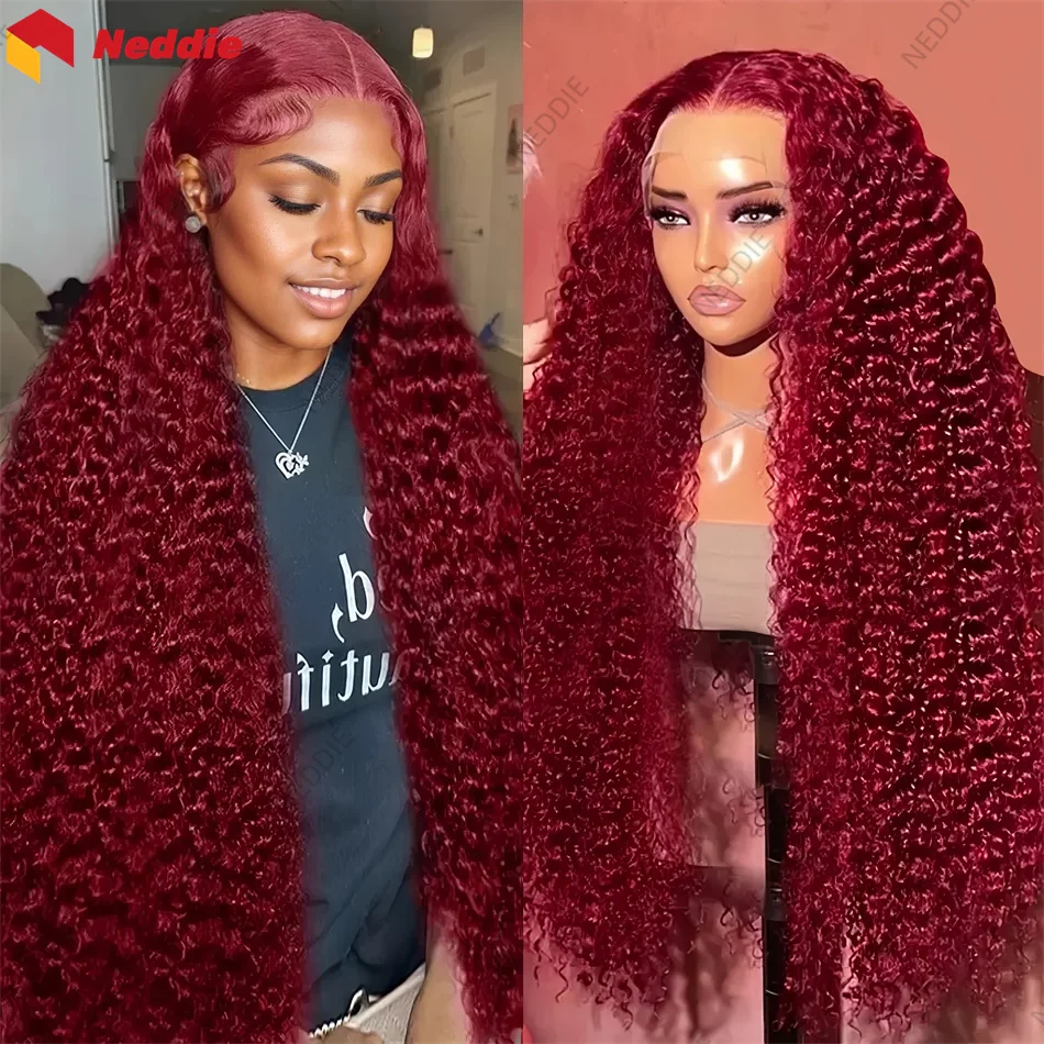 

99j Burgundy Deep Wave Lace Front Wig 13x4 13x6 Long Transparent Neddie Preplucked Curly Lace Frontat Human Hair Wigs For Women